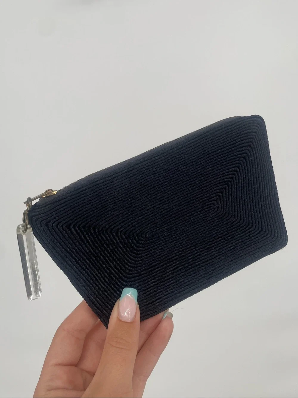 Navy Blue 1940s Textured Small Zip Pouch Clear Lucite Charm Metal Zip Clutch
